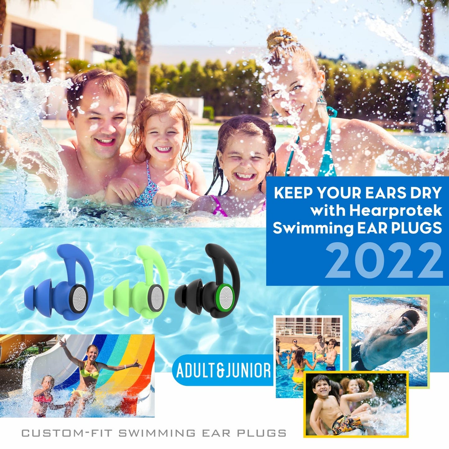 Hearprotek 2 pairs of swimming earplugs, ear protection for adults for swimming, shower, pool, bathing, surfing Blue.