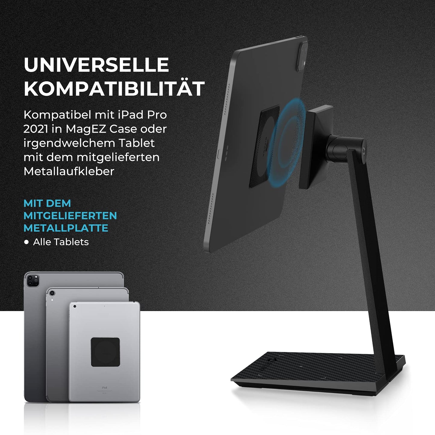 Pitaka Magnetic Tablet Stand - Adjustable holder with 15W wireless charging for iPad Pro and all tablets [MagEZ Stand] - Premium holder compatible with MagEZ Case 2 - Black