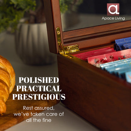 Apace Living Tea Box - Luxurious Wooden Tea Storage Box - 8 compartments for tea bags - Handcrafted box with scratch-resistant window - Elegant tea bag storage box.