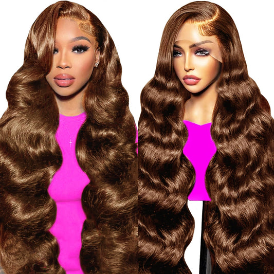 Alionly human hair wig 13x6 Chocolate Brown Body Wave HD Lace Front Wig Pre-plucked Brazilian virgin natural human hair #4 Light Brown Frontal Wigs for Women with Baby Hair 32 Inch