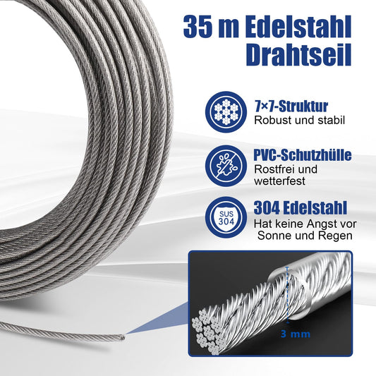 Angooni 74 pcs Steel Cable Kit, 35m Thickened 3mm Stainless Steel Wire Rope, Turnbuckle, Tension Wire Cable Tensioner 304 Stainless Steel Kit, Trellis for Climbing Plants, Curtain Wire, Fence…