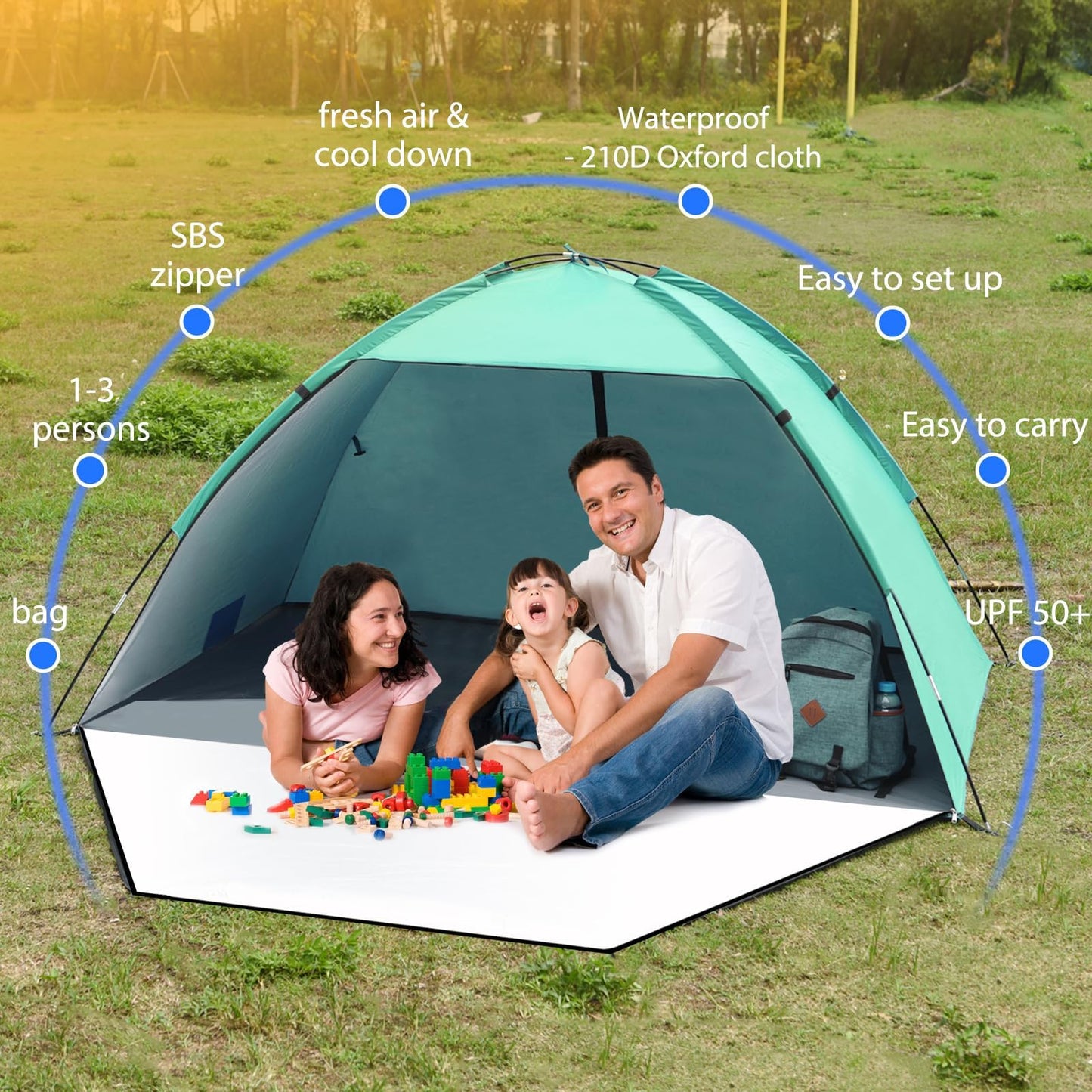 Beach tent, UV protection 50+ Family tent XXL Beach tent Front and back door with zipper Privacy screen Ventilation Wind protection Sun protection Beach shelter Small pack size for beach, garden