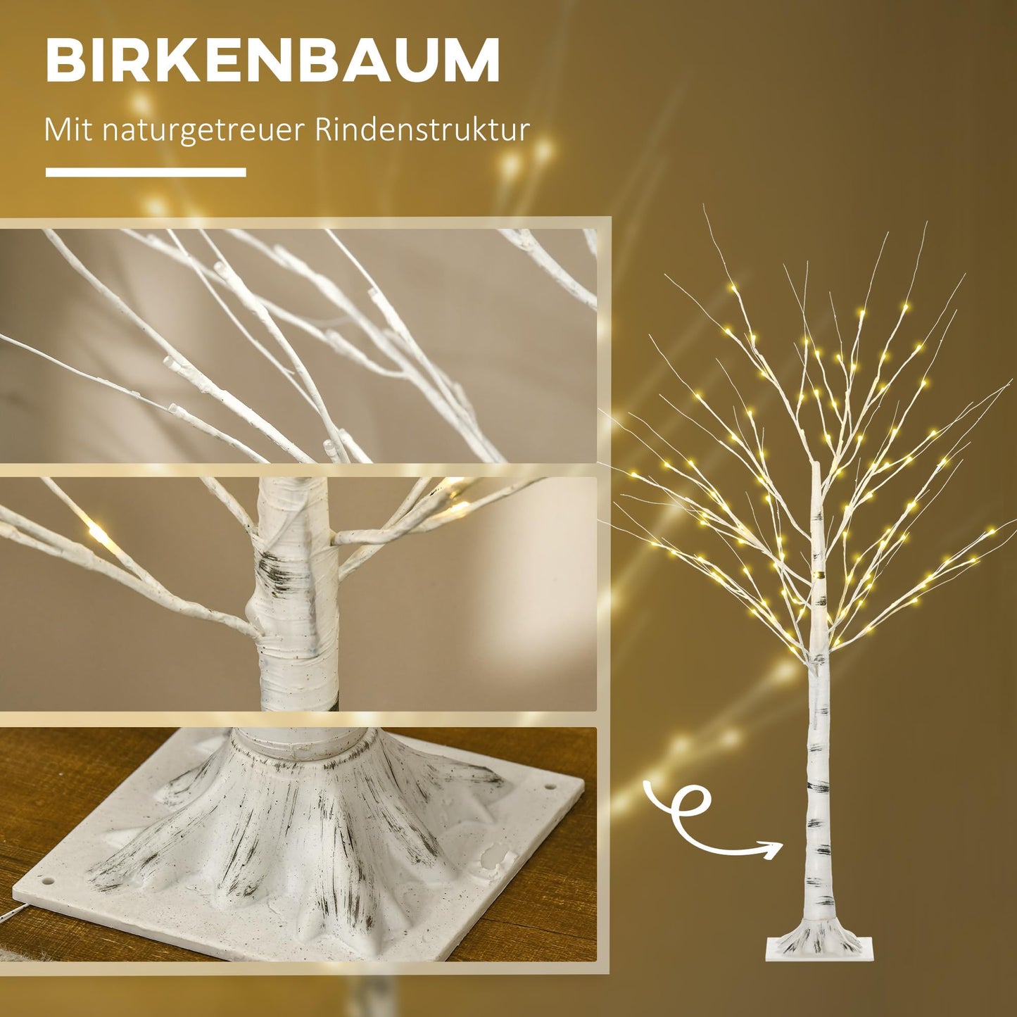 HOMCOM LED Light Tree 150 cm with 96 warm white LEDs, IP44 indoor/outdoor Christmas decoration in birch design artificial Christmas tree decorative light tree.