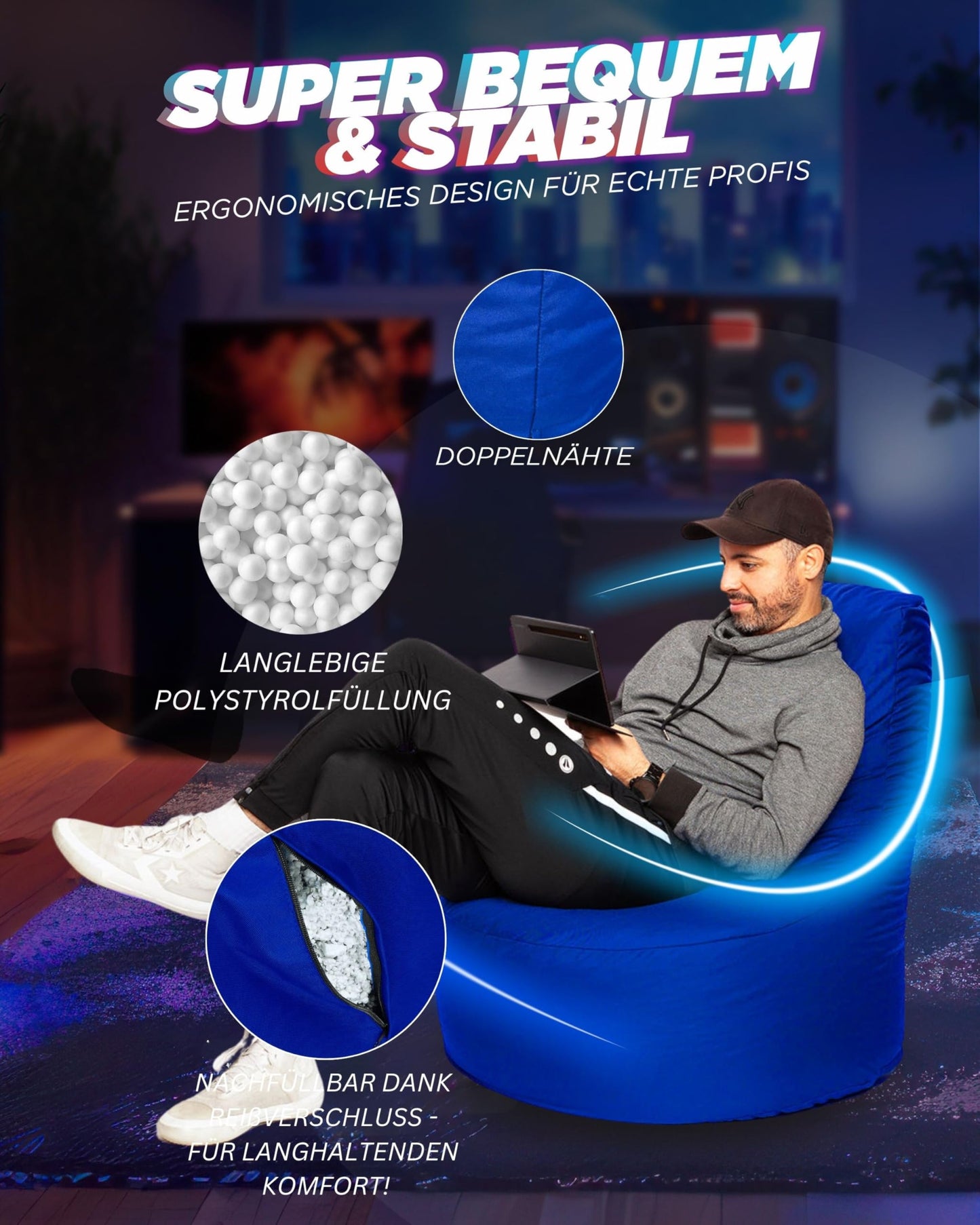 PATCH HOME Gamer Chair Beanbag in 2 sizes and 25 XXL - 80cm diameter, 30cm seat height, 90cm height Blue