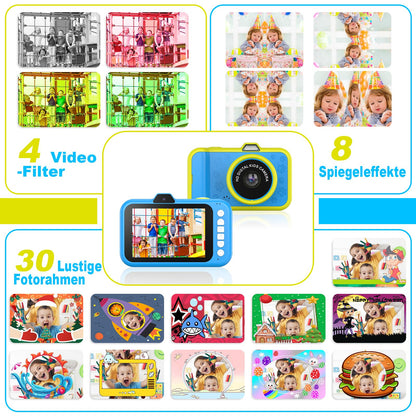 Children's camera with 3.5" display | 360° zoom lens | Selfies & LED flash | Digital camera with 32GB card | Toy for kids 3-12 | Blue