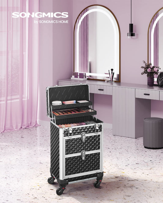 SONGMICS Cosmetic Case Trolley, Makeup Case with 2 Drawers, Large Hairstylist Case, Makeup Case, 34 x 24 x 56 cm, 360° Rotating Wheels, Travel, Hairstylists, Gift Idea, Black JHZ08BK.