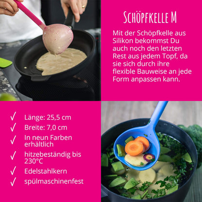 Kitchen helper set from Kochblume - design turner S & gravy spoon S & ladle S & flex spoon S 4-piece set | Premium silicone | Heat-resistant | Dishwasher safe | Color: pink.