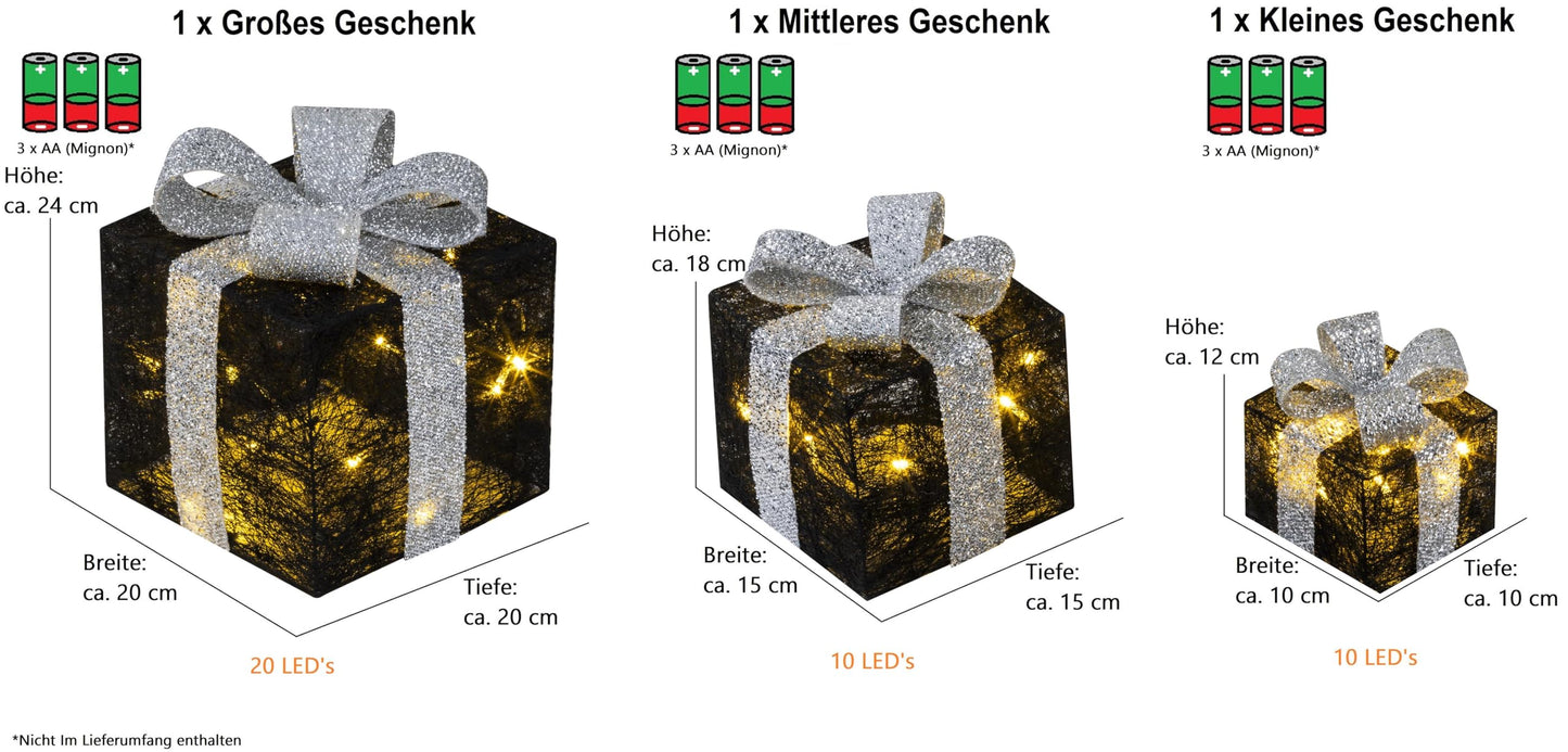 Bambelaa! 3-piece LED decorative gift light boxes with timer Christmas decoration Christmas decor illuminated decor Christmas black-silver