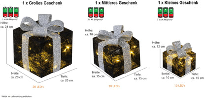 Bambelaa! 3-piece LED decorative gift light boxes with timer Christmas decoration Christmas decor illuminated decor Christmas black-silver