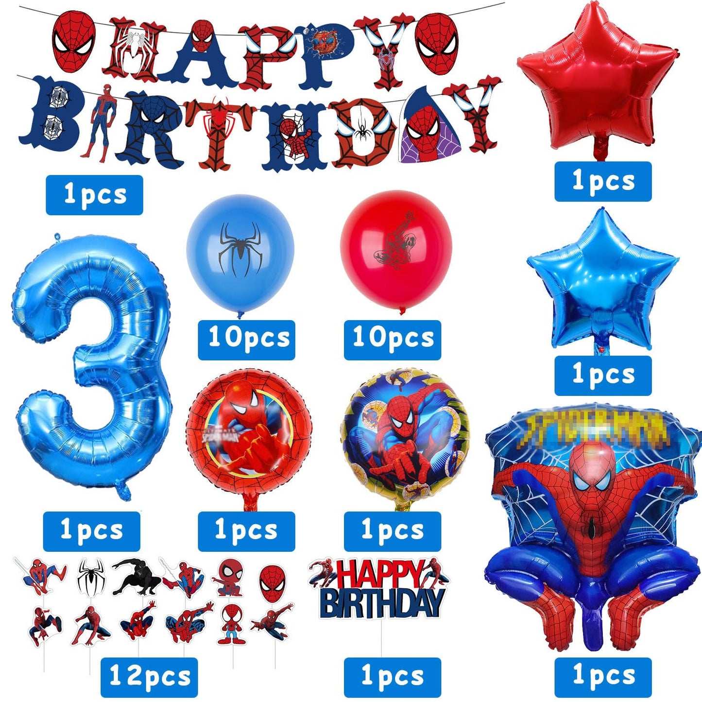 Spiderman kids birthday party decor, 30 helium balloons for birthday. Includes huge 3D Spiderman hero balloons and number balloons. Birthday decor for kids 3 years old.