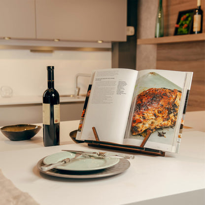 TILISMA - Handcrafted wooden cookbook stand - Walnut wood book holder for hands-free reading - Recipe and cookbook stand for the counter - Unique shelf holder - Kitchen book accessory