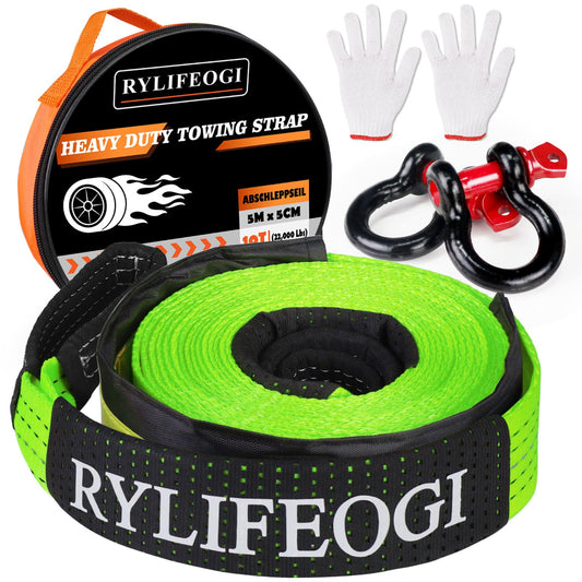 RYLIFEOGI Tow Rope 10 Tons (22,000Lbs), 5mx5cm Heavy Duty Tow Strap with 2 Reinforced Hooks 2 Gloves for Off-Road Vehicles (Green)
