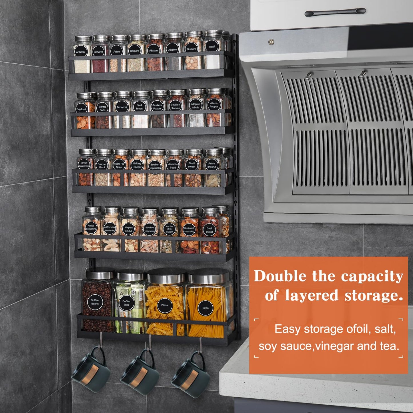 X-cosrack Spice Rack Wall Shelf 5 Levels Adjustable Height Spice Rack for Kitchen Cabinet Door, Hanging Shelf with Hooks, Black