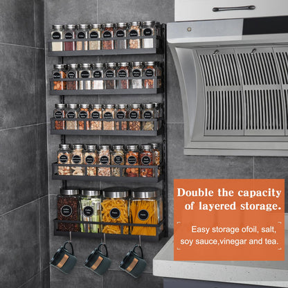 X-cosrack Spice Rack Wall Shelf 5 Levels Adjustable Height Spice Rack for Kitchen Cabinet Door, Hanging Shelf with Hooks, Black