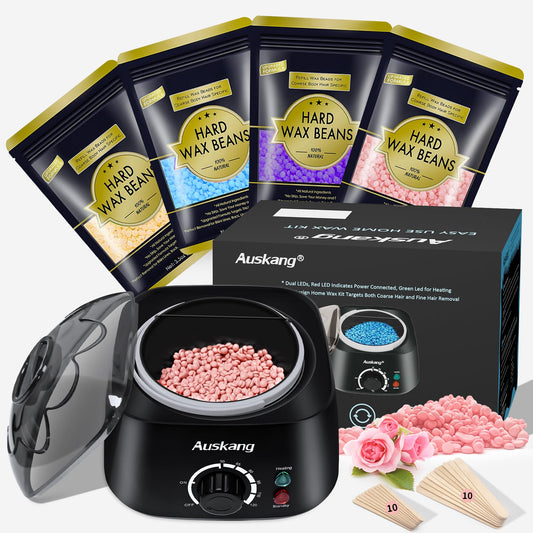 Ausang Wax Hair Removal Wax Warmer with Wax Beads (4X100g) and 20 Wooden Spatulas, Removable Inner Pot, Updated Waxing Hair Removal Set for Eyebrow/Face/Underarm/Bikini/Leg