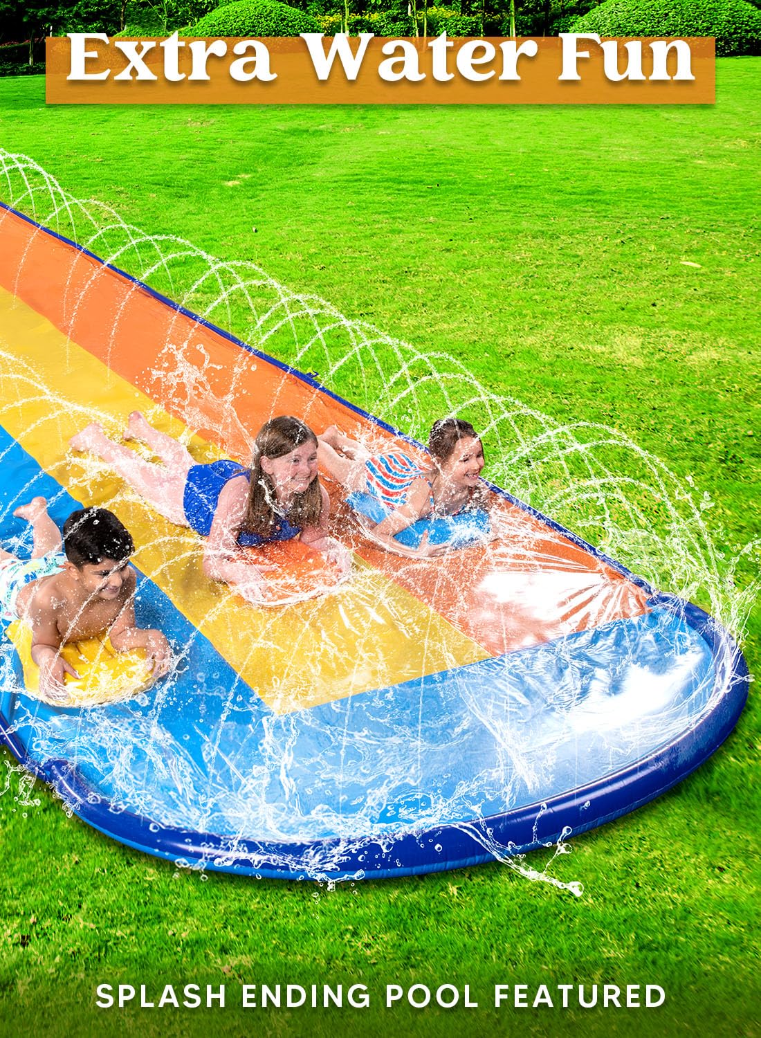 Sloosh 18ft/548cm Triple Lane Slide with 3 Bodyboards, Lawn Water Slide with Sprinkler for Kids and Adults, Outdoor Water Toy for Summer Fun.