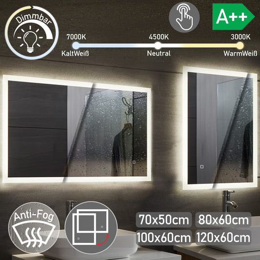 Aquamarin® LED Bathroom Mirror - 80x60 cm, Anti-fog, Dimmable, Energy-saving, with memory function, 3000-7000K - Bathroom mirror, LED mirror, light mirror, wall mirror for bathroom