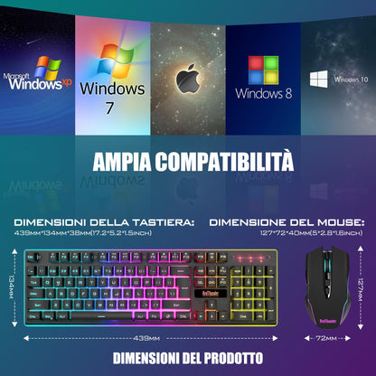 RedThunder K10 Wireless Gaming Keyboard and Mouse, LED backlighting, rechargeable 3800 mAh battery, mechanical feel, Anti-Ghosting + 7D 3200 DPI mouse, QWERTY layout, PC gamer
