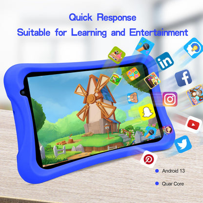 PRITOM Android 10, 8-inch kids tablet, parental control, kids apps, quad-core processor, 2GB RAM, 32GB ROM, HD IPS screen, dual rear camera, with kids tablet case (blue)