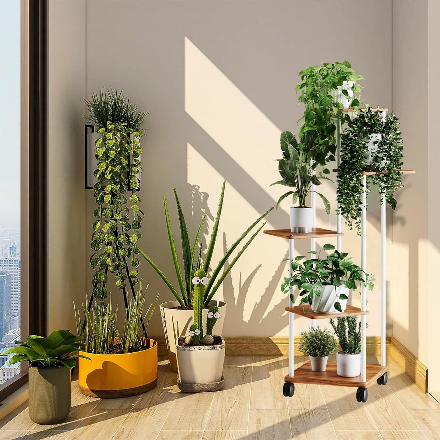 5-tier wooden flower shelf plant stand with optional wheels, multi-layered flower rack plant holder flower bench flower ladder plant ladder shelf for indoor garden balcony decor.