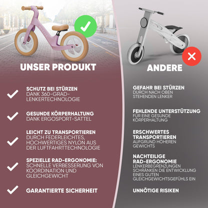 MOREEZ® Balance Bike for 2 years and up [2-5 years]. Ultra-light kids' bike with crash protection, ergonomic seat, 50kg puncture-proof 12-inch wheels, footrest, adjustable height. For girls and boys in pink.
