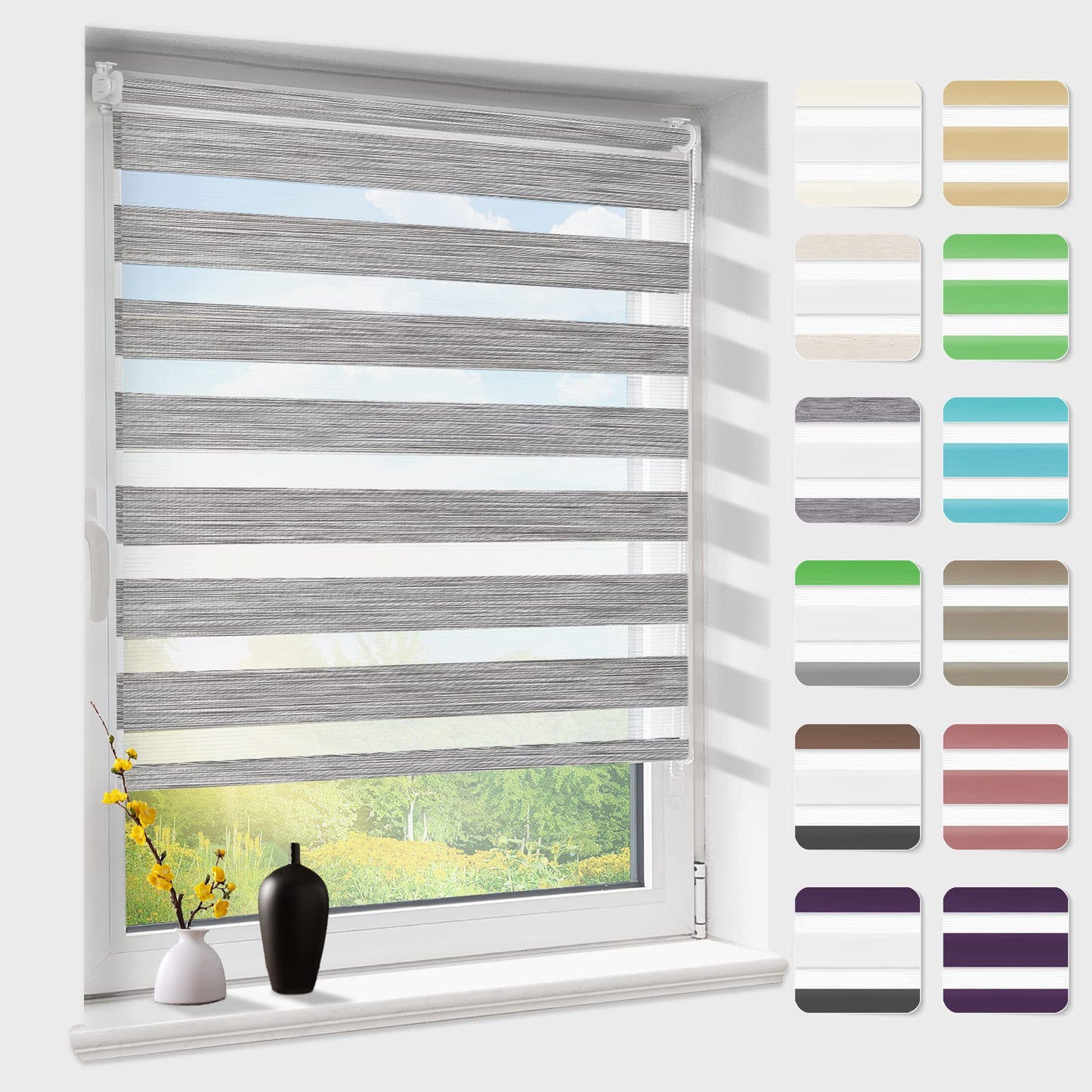 Double roller blind without drilling, duo roller blinds for windows & doors with drilling, Dark Grey W110 x H140cm (fabric width 106cm), window blind light-permeable & darkening, clamp roller sun protection