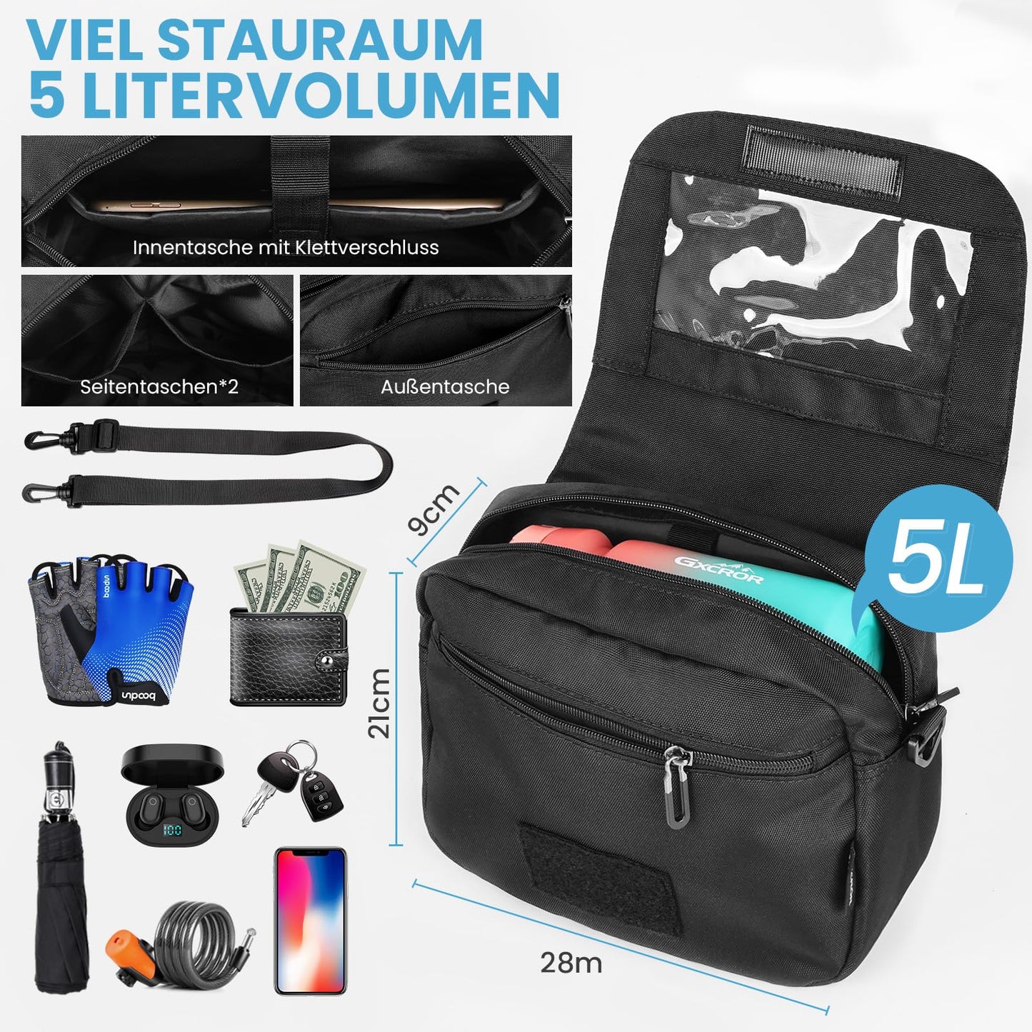 GXCROR handlebar bag for bikes 5L with adapter, phone holder, shoulder strap, quick release, water-resistant handlebar bag for urban commuters, traveling.