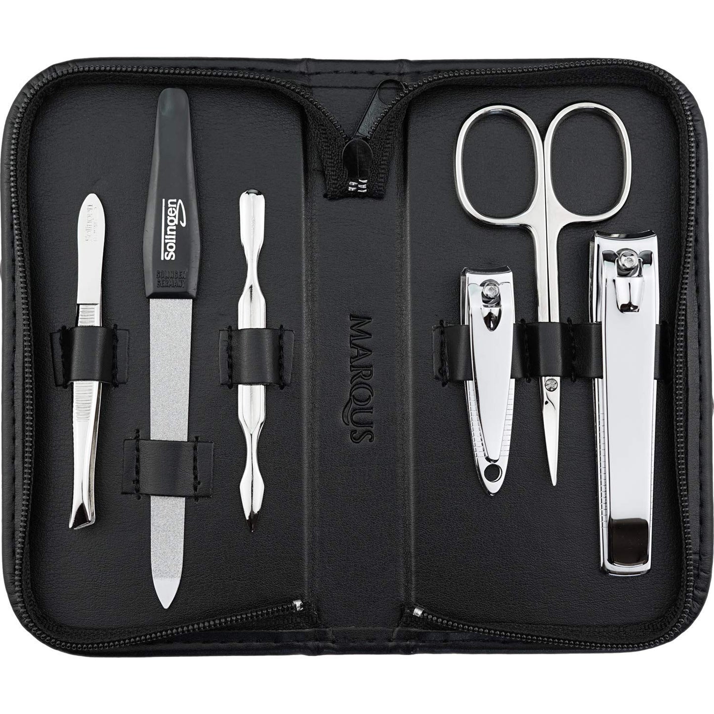 Manicure Set Solingen with top price/performance ratio - synthetic leather case handy and soft - 6-piece nail set for ladies and gentlemen marQus made of shiny nickel-plated polished steel.