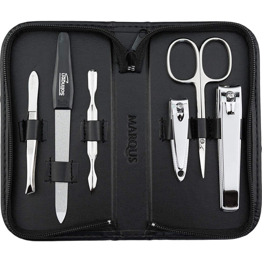 Manicure Set Solingen with top price/performance ratio - synthetic leather case handy and soft - 6-piece nail set for ladies and gentlemen marQus made of shiny nickel-plated polished steel.