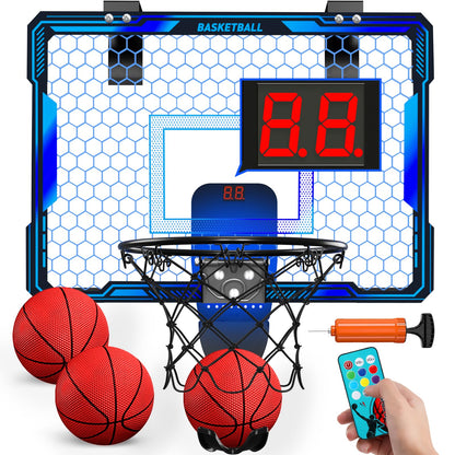 HYES Kids Basketball Hoop with Remote Control, 7 Lighting, Basketball Hoop with 3 Modes, Electronic Scoreboard, 3 Balls, Pump, Indoor Outdoor Basketball Hoop Sport Toy for Kids, Blue