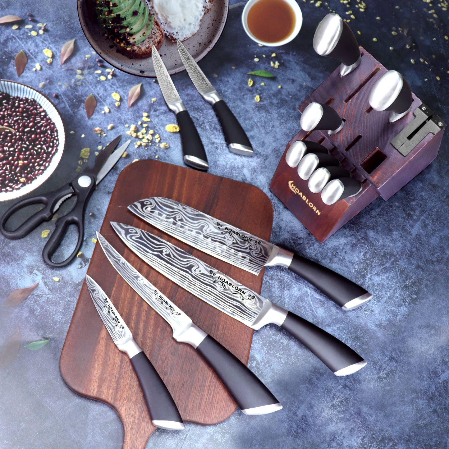 HOABLORN 15-piece Professional Knife Set with Knife Block, Sharp Stainless Steel Chef's Knives, Kitchen Utensil Set for Housewarming Wedding Gift