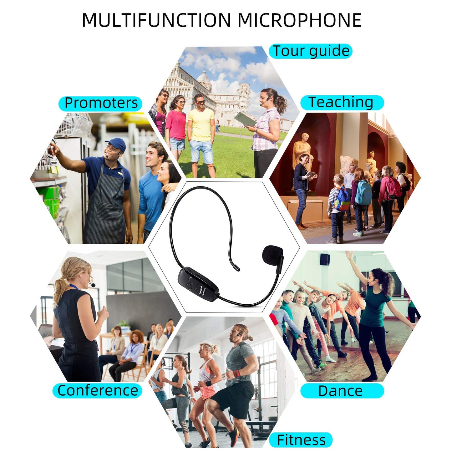 Wireless UHF microphone, Professional rechargeable wireless microphone headsets voice amplifier head mounted microphone voice amplifier with receiver.