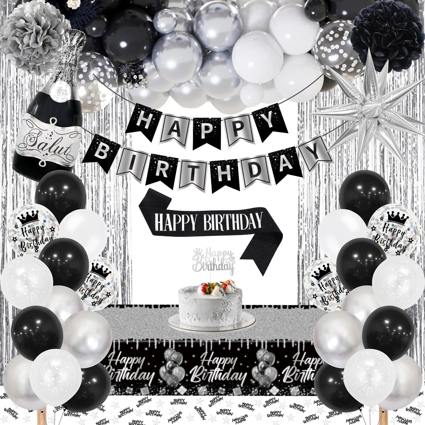 Black Silver Birthday Decorations, Silver Black White Party Decor Set with Happy Birthday Banner, Confetti Balloons, Sash, Tablecloth, Curtain, Pom Poms for Men Women Boys Girls Birthday Party Decor.