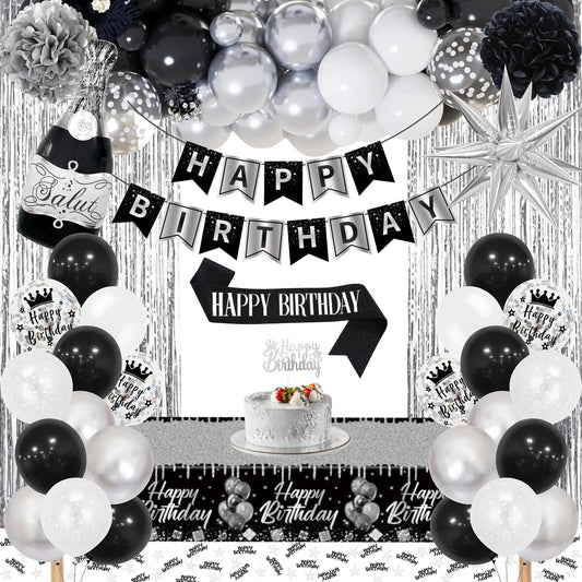 Black Silver Birthday Decorations, Silver Black White Party Decor Set with Happy Birthday Banner, Confetti Balloons, Sash, Tablecloth, Curtain, Pom Poms for Men Women Boys Girls Birthday Party Decor.