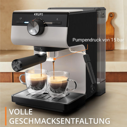 KRUPS Authentic Espresso Machine, 15 bar, intuitive operation, refined design, integrated steam wand, 2L water tank, accessories included, Grey/Cream, XP381B10