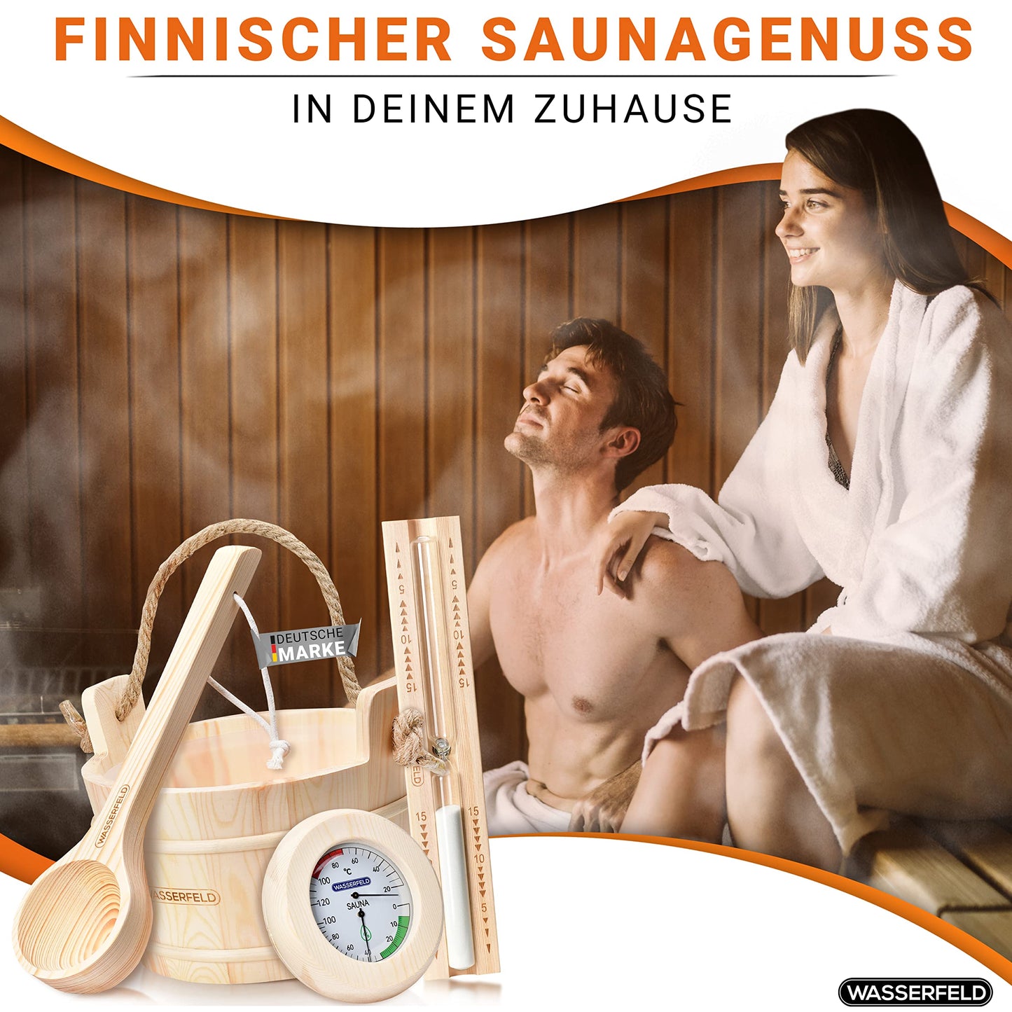 WASSERFELD® Sauna Bucket Set (4 liters) - High-quality sauna bucket with ladle, sand timer, thermometer, & hygrometer - Heat-resistant 4L sauna bucket with liner & hemp rope handle - Sauna accessories set