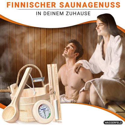 WASSERFELD® Sauna Bucket Set (4 liters) - High-quality sauna bucket with ladle, sand timer, thermometer, & hygrometer - Heat-resistant 4L sauna bucket with liner & hemp rope handle - Sauna accessories set