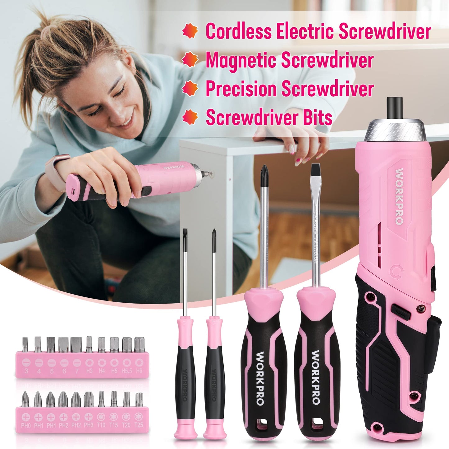 WORKPRO 73-piece Tool Set Pink with small cordless screwdriver, pink metal toolbox filled for household repairs with level, water pump pliers, a gift for mom DIYer.