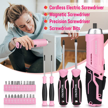 WORKPRO 73-piece Tool Set Pink with small cordless screwdriver, pink metal toolbox filled for household repairs with level, water pump pliers, a gift for mom DIYer.