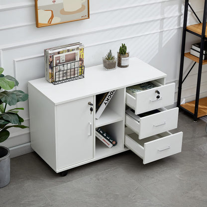 CLIPOP Rolling File Cabinet Office Cabinet with Wheels, Mobile Filing Cabinet Lockable with 3 Drawers, Closed and Open Storage Space, Under Desk Cabinet for A4 Paper, Letters, Files, White