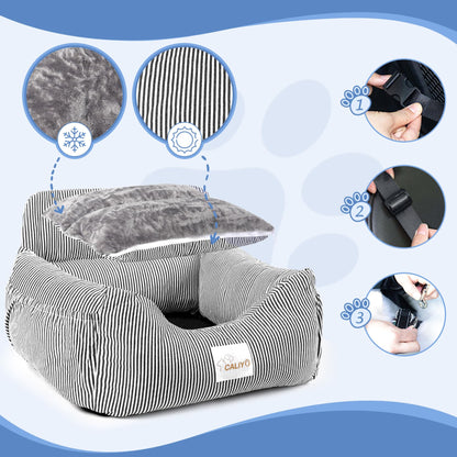 CALIYO dog car seat with sturdy base & safety belt | dog car seat for small up to 10 kg | memory foam seat cushion | waterproof, washable dog basket with storage bag (black/white)