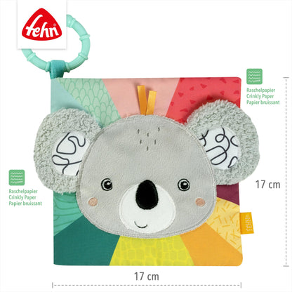 Fehn Fabric Book Baby Koala - Baby sensory book made of fabric - Baby toy book with squeaker, rattle and crinkle paper - Baby book with attachment ring - Fabric book for babies and toddlers from 3+ months.