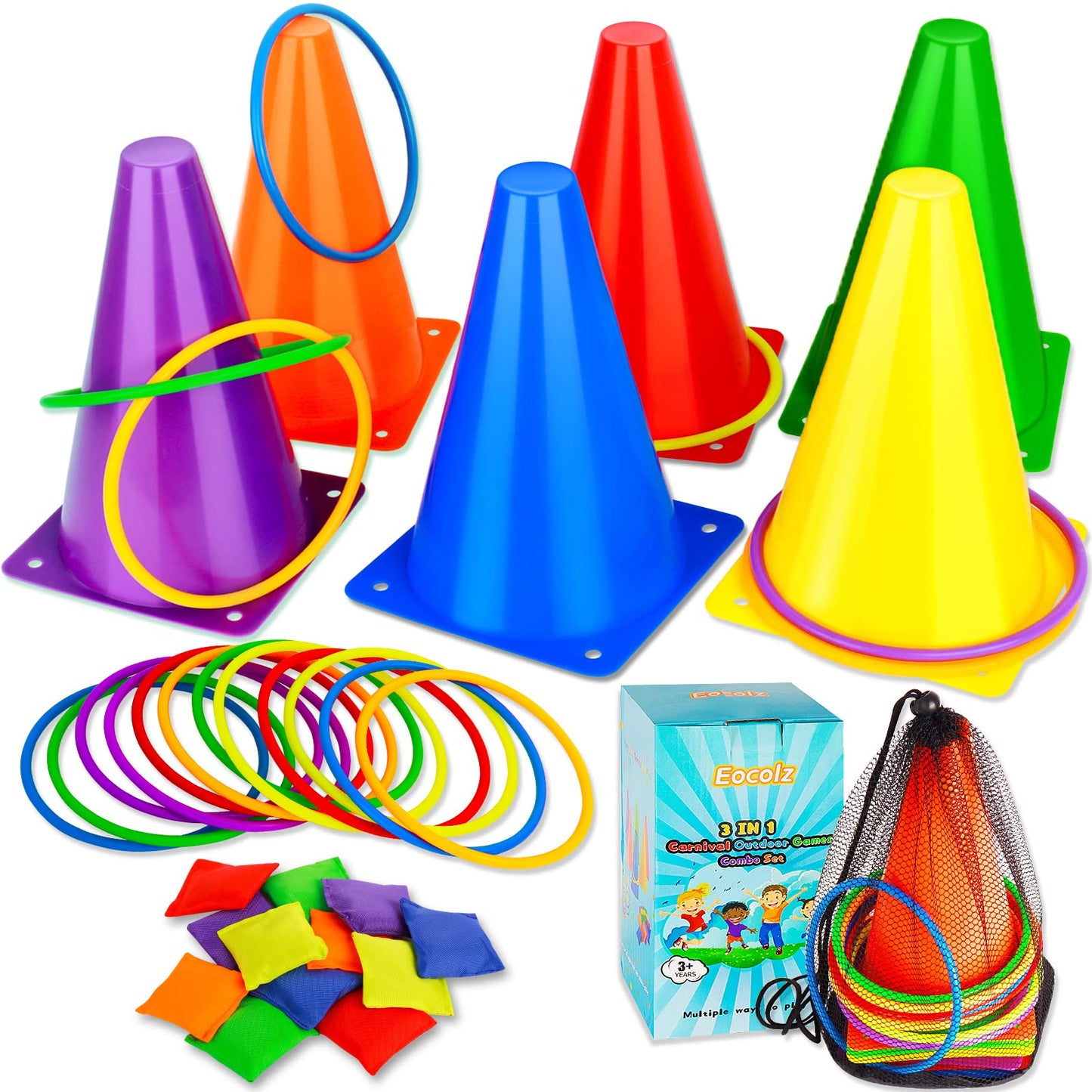 Eocolz Outdoor Games for Kids Cones Kids Cornhole Game Outdoor Ring Toss Games, Garden Toys Kids 3 in 1 Toss Game Carnival Game Set Plastic Cones Bean Bags for Kids Birthday Party