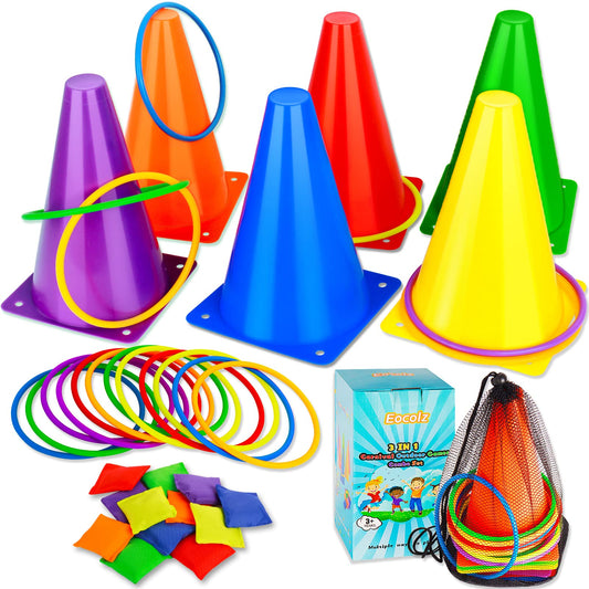 Eocolz Outdoor Games for Kids Cones Kids Cornhole Game Outdoor Ring Toss Games, Garden Toys Kids 3 in 1 Toss Game Carnival Game Set Plastic Cones Bean Bags for Kids Birthday Party