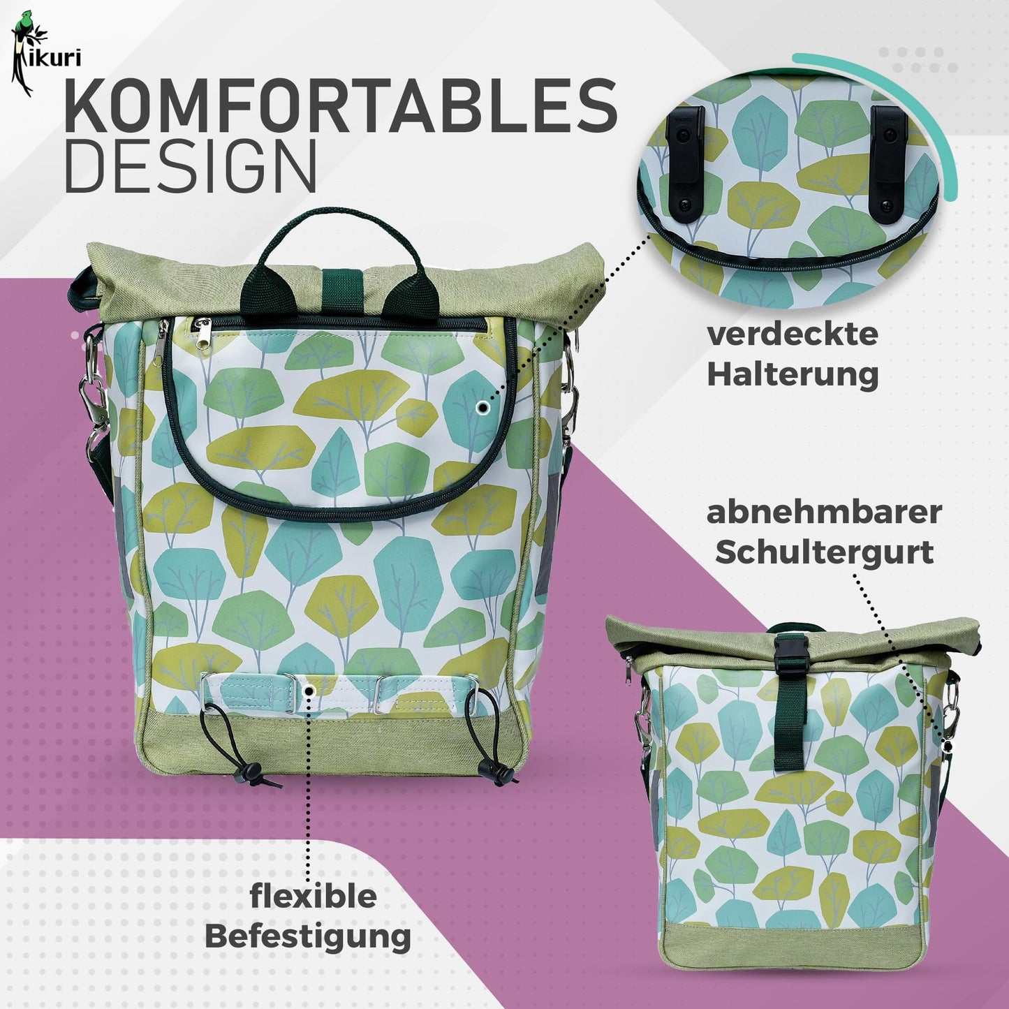 Ikuri single-sided bicycle bag for luggage rack saddle bag single bag pack bag, detachable, with shoulder strap for crossbody, made of tarpaulin, women's, waterproof - Bosque model
