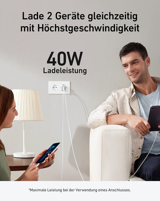 Anchor 521 Charger, Anchor Nano Pro, Compact 40W PIQ 3.0 Dual-Port USB-C Wall Charger, Compatible with iPhone 16/15/14/13/12 Series, iPad mini, MacBook Air, and more, Arctic