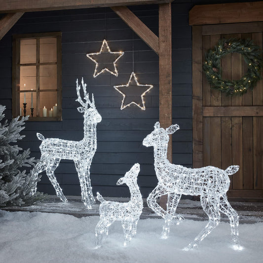 Lights4fun 120cm Swinsty LED Reindeer Family - Acrylic White Timer Christmas Figure Lighting Outdoor and Indoor - Deer Figure Christmas Decoration Outdoor