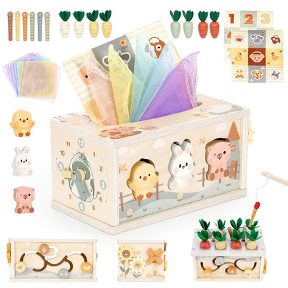 Vanplay Montessori toy for babies 12 months, 6 in 1 fabric box baby toy for 1 year olds, wooden motor skills toy for 1 2 3 year old girls and boys, gift for 1 year old child.