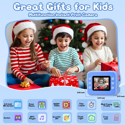 Hangrui instant camera for kids, 2.4-inch screen children's camera with 32G card & printing paper, 1080P instant print camera for kids with colored pens, gift for children aged 3-12 years.