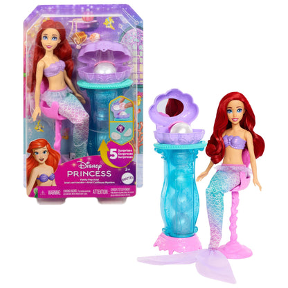 Mattel Disney Princess toys, Makeup Shell Mermaid Ariel Fashion Doll with removable tail fin, Vanity with 5 repeatable pop-up surprises and 5 accessories, JBF86